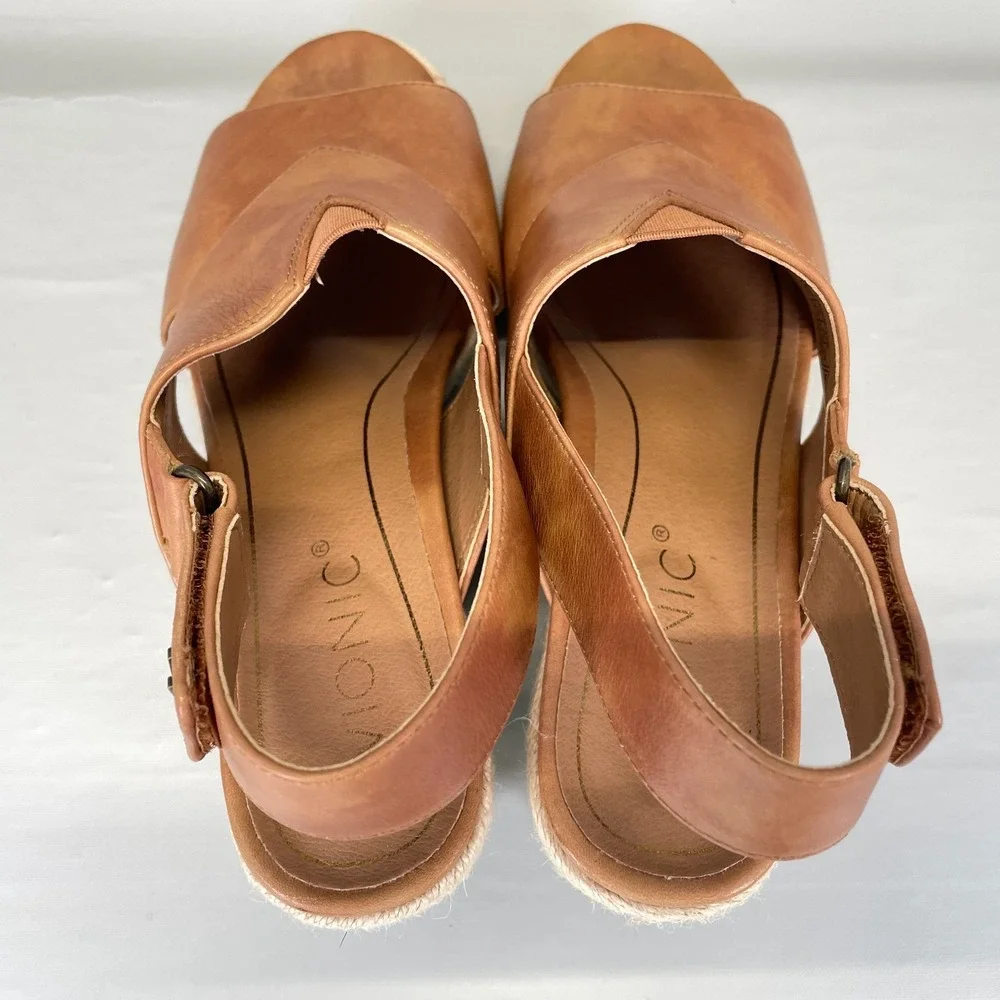 Vionic Zamar Wedge Espadrille Sandals Womens Size 6.5 Brown Leather Casual Shoes